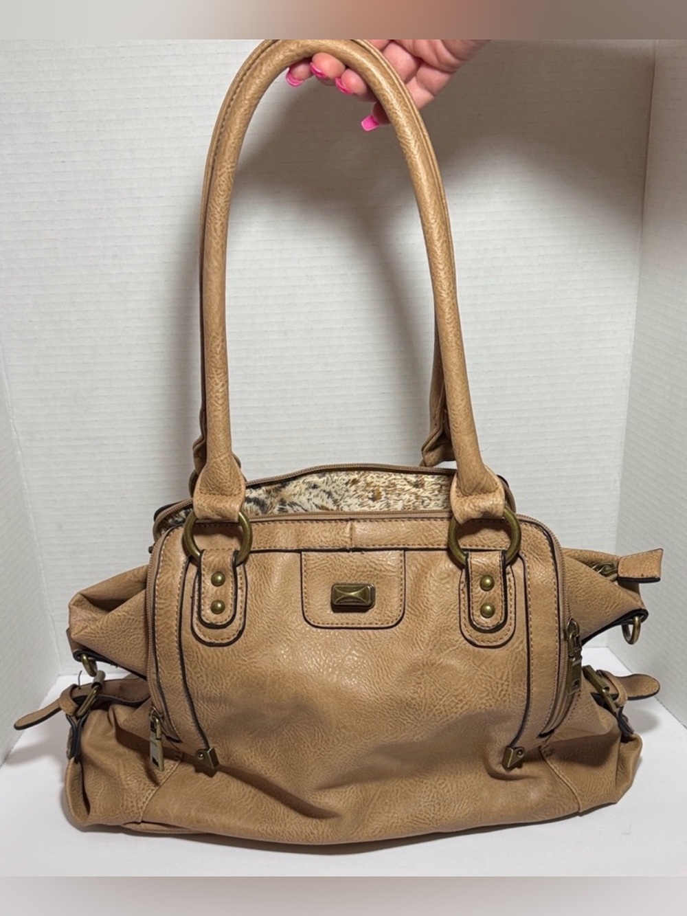 Black Rivet Tan Y2K Shoulder Bag Large Satchel Leopard Print Lining